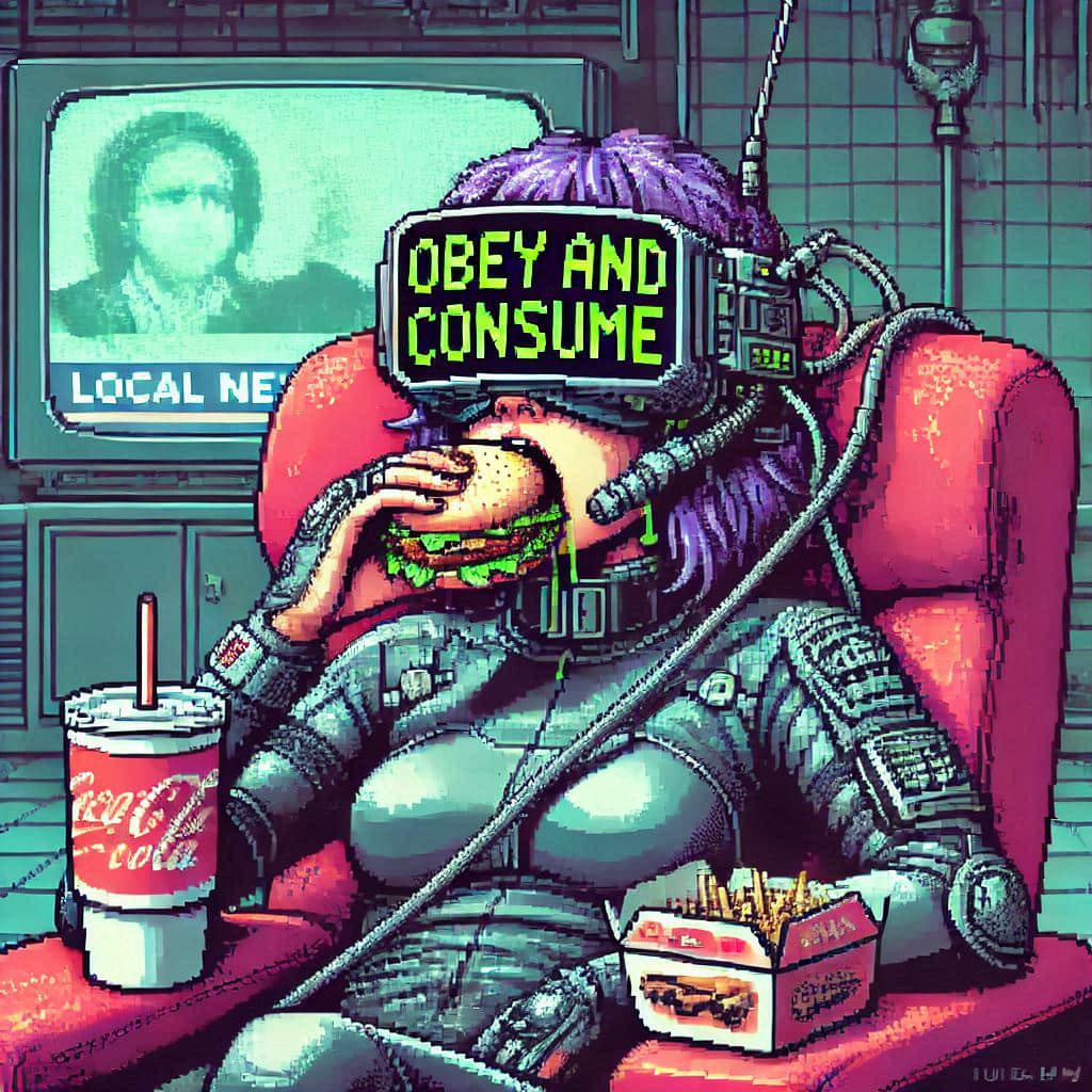 This meme is an image of a woman sitting on a couch, eating a burger and fries, with a TV screen in the background showing a news anchor. The text on the TV screen reads "OBEY AND CONSUME", which is a reference to the classic sci-fi movie "RoboCop" and a commentary on the dangers of consumerism. The image is a humorous and satirical take on the idea that we are all just mindless consumers, following the instructions of our corporate and government leaders.